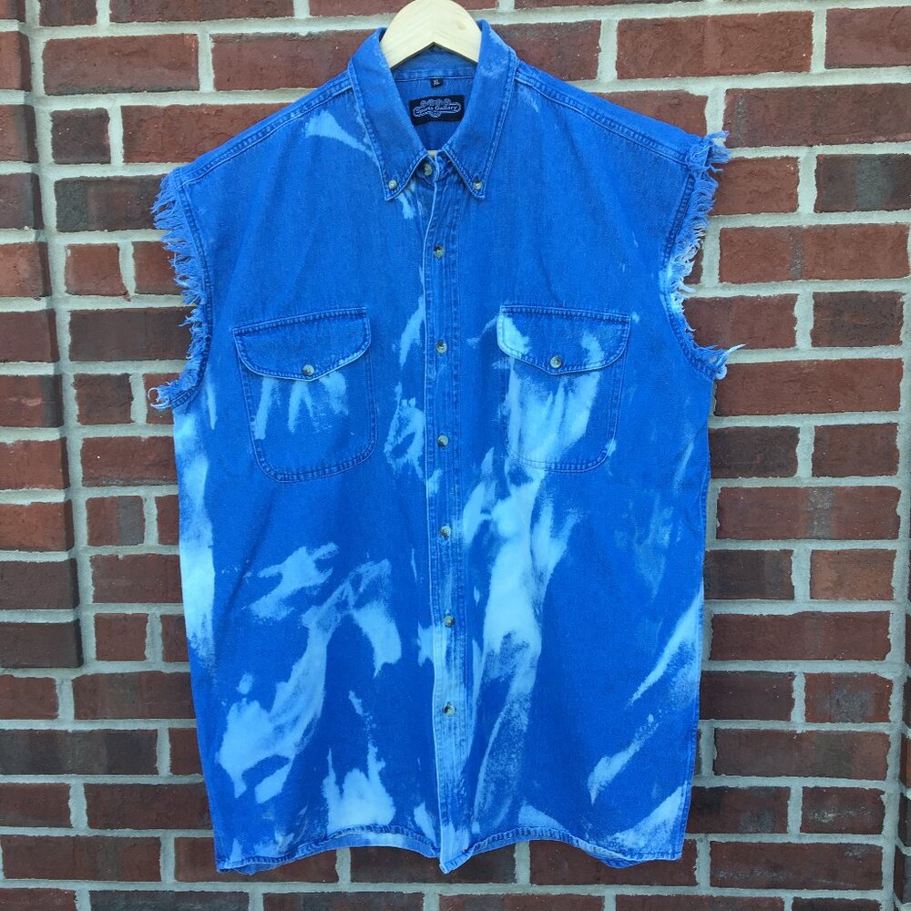 Sports Gallery Sleeveless Denim Shirt Mens XL Button-Down Bleached Grunge Biker